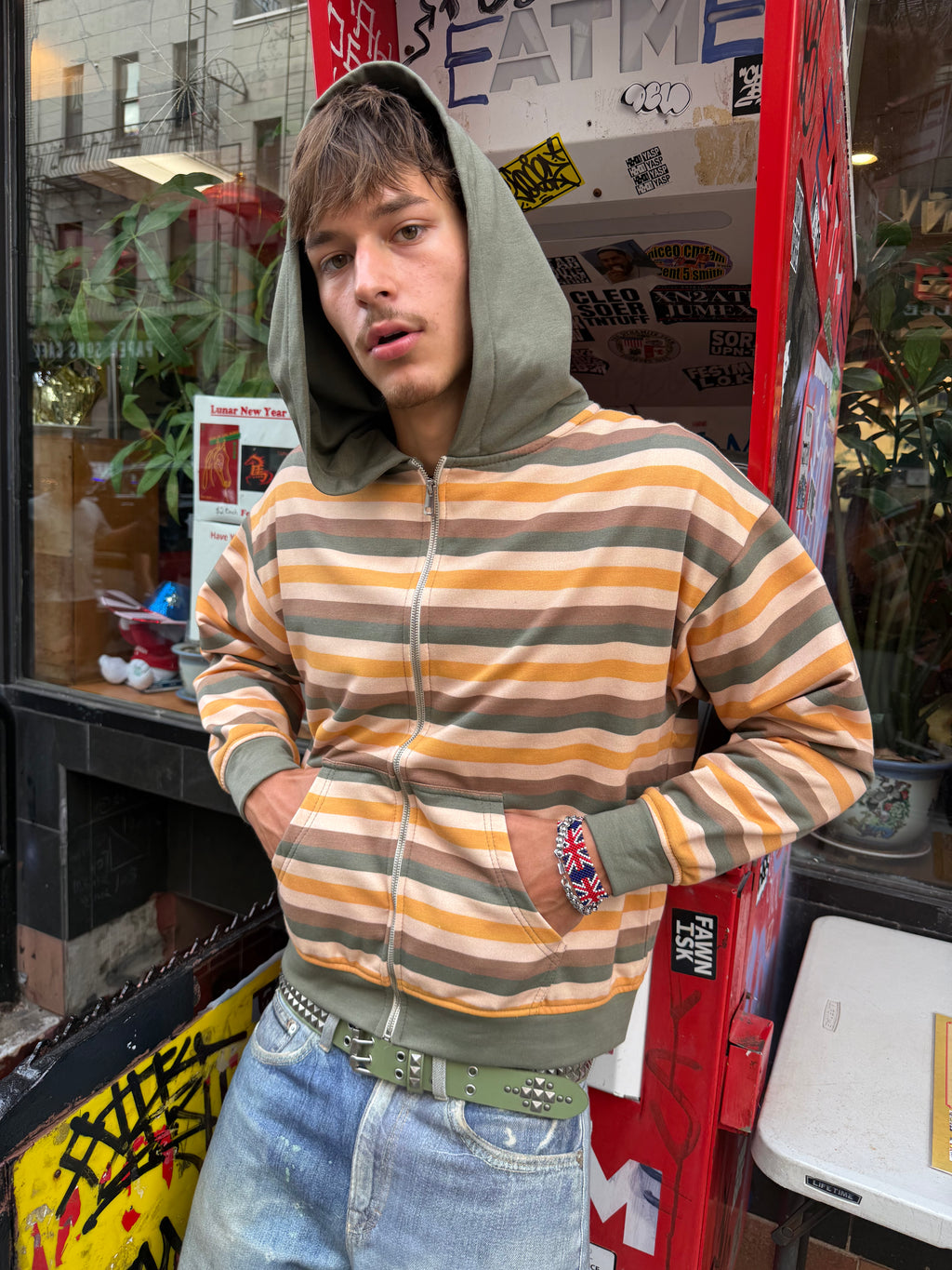 Olive Striped Zip